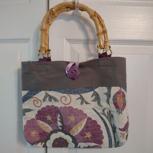 Fabric Handbag/ Purse Multicolor Floral Motif Bamboo Handles 11 1/2"h X 9 1/2"w